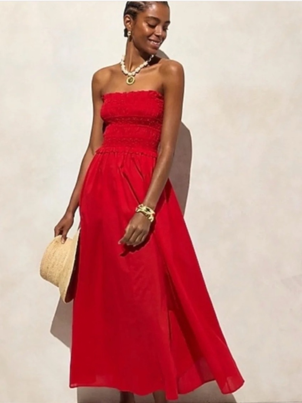 J. Crew Smocked Maxi Dress in Cotton Voile - Red